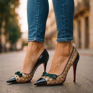 Christian Louboutin Black and Tan Studded Heels